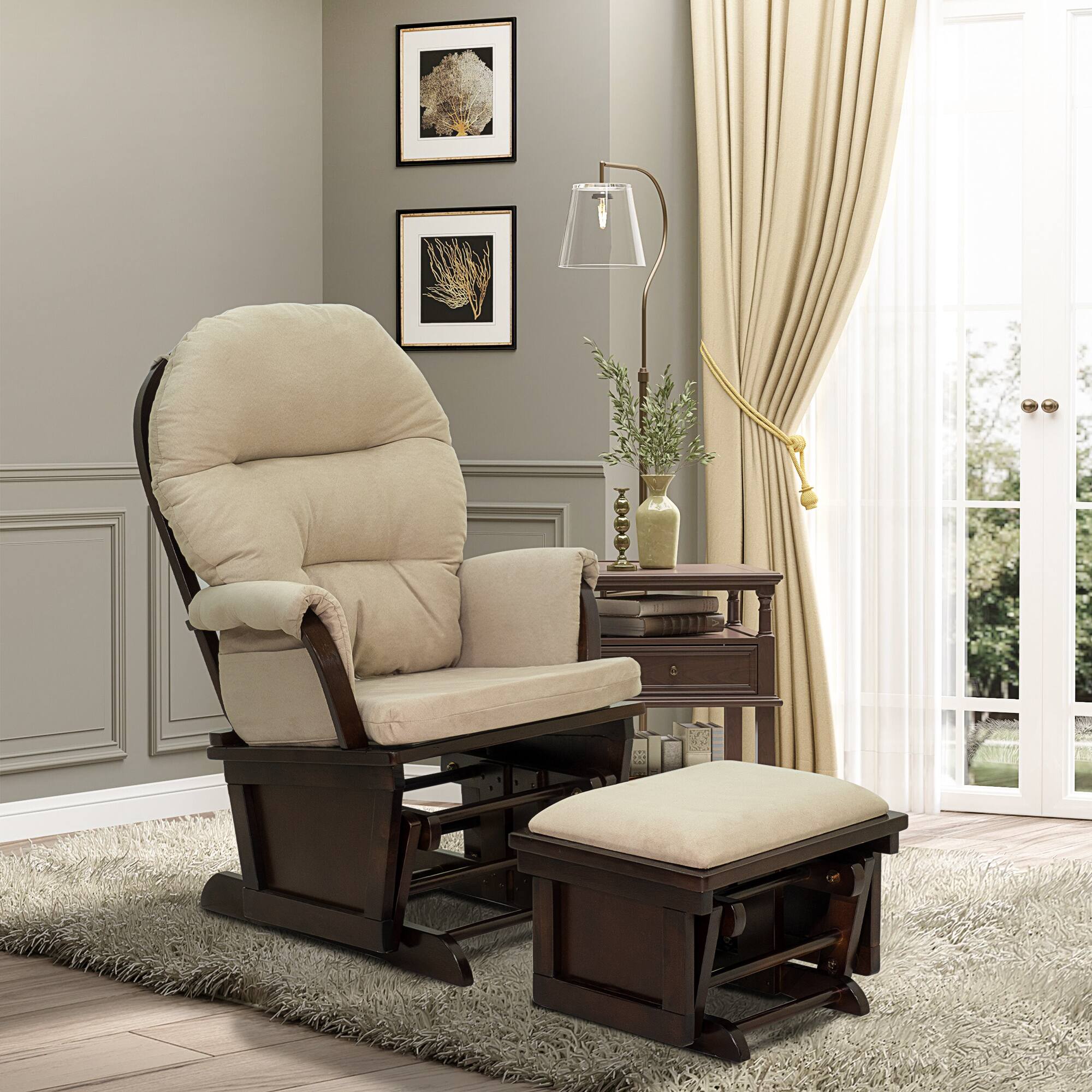 Alt View 1. Homcom - Nursery Glider Rocking Chair with Ottoman, Thick Padded Cushion Seating and Wood Base, Cream White - Cream White.