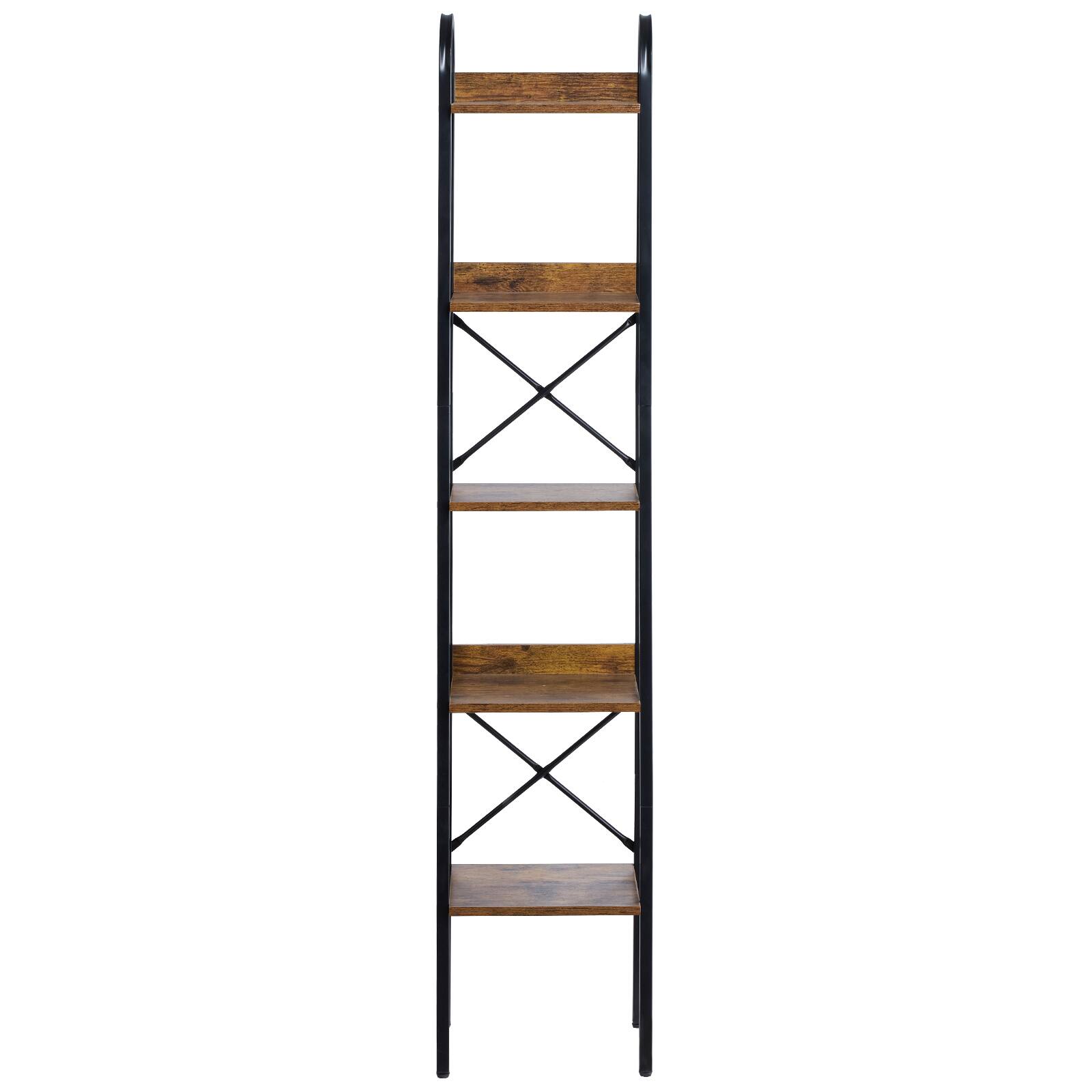 Alt View 5. VEVOR - Metal Bookshelf, 5-Tier Industrial Bookshelf, Tall Narrow Rustic Vintage Storage Bookcase with Open Shelves - Brown.