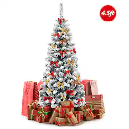 Gymax - 4.5ft Snow Flocked Pencil Christmas Tree Artificial Pine Tree w/ Metal Stand - Green + White