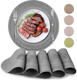 Zulay Kitchen - 15 Inch Round Placemats for Dining Table Set of 6 - Braided Round & Anti-Skid Placemat - Gray