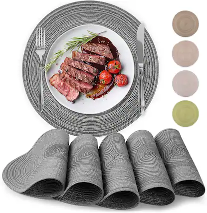 Front. Zulay Kitchen - Zulay Kitchen 15 Inch Round Placemats for Dining Table Set of 6 - Braided Round & Anti-Skid Placemat - Grey.