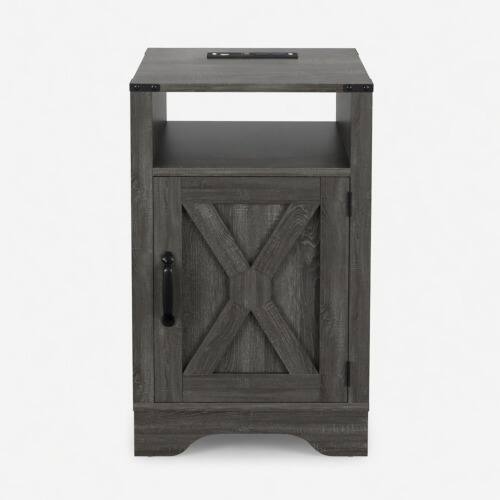 Alt View 5. LUCKY ONE - 16" Assembled Farmhouse Nightstand with Charging Station USB - Dark Grey.