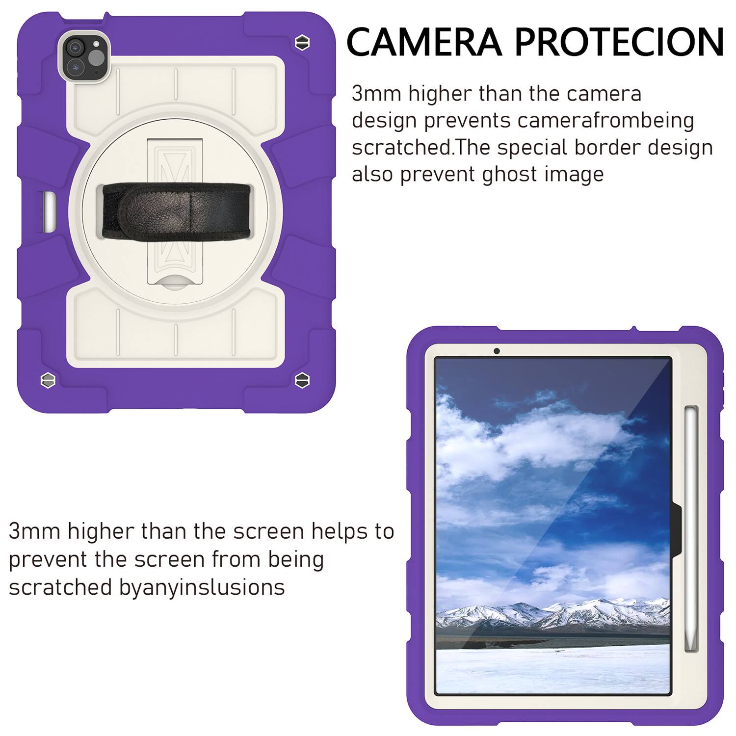 CAMERA PROTECION  
3mm higher than the camera design prevents camera from being scratched. The special border design also prevents ghost image.  

3mm higher than the screen helps to prevent the screen from being scratched by any inclusions.