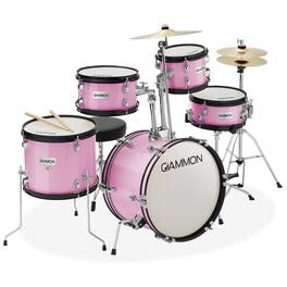 Gammon Percussion - 5pc Junior Drum Set - Beginner Percussion Kit with Stool and Stands - Pink