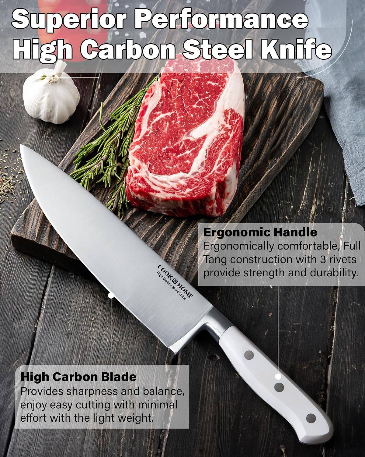 Superior Performance High Carbon Steel Knife

Ergonomic Handle
Ergonomically comfortable, Full Tang construction with 3 rivets provide strength and durability.

High Carbon Blade
Provides sharpness and balance, enjoy easy cutting with minimal effort with the light weight.