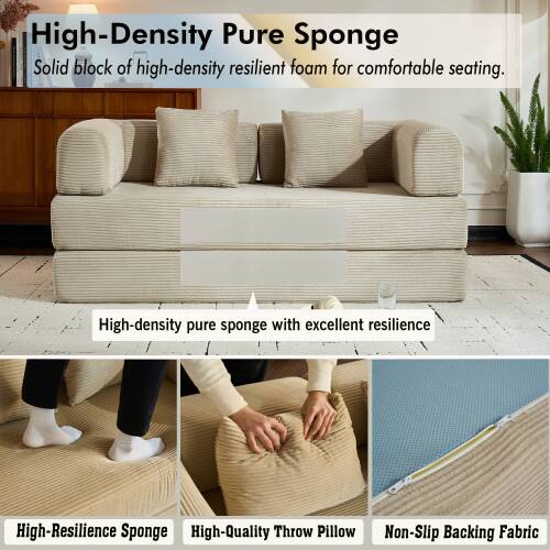 High-Density Pure Sponge  
Solid block of high-density resilient foam for comfortable seating.  

High-density pure sponge with excellent resilience  

High-Resilience Sponge  
High-Quality Throw Pillow  
Non-Slip Backing Fabric