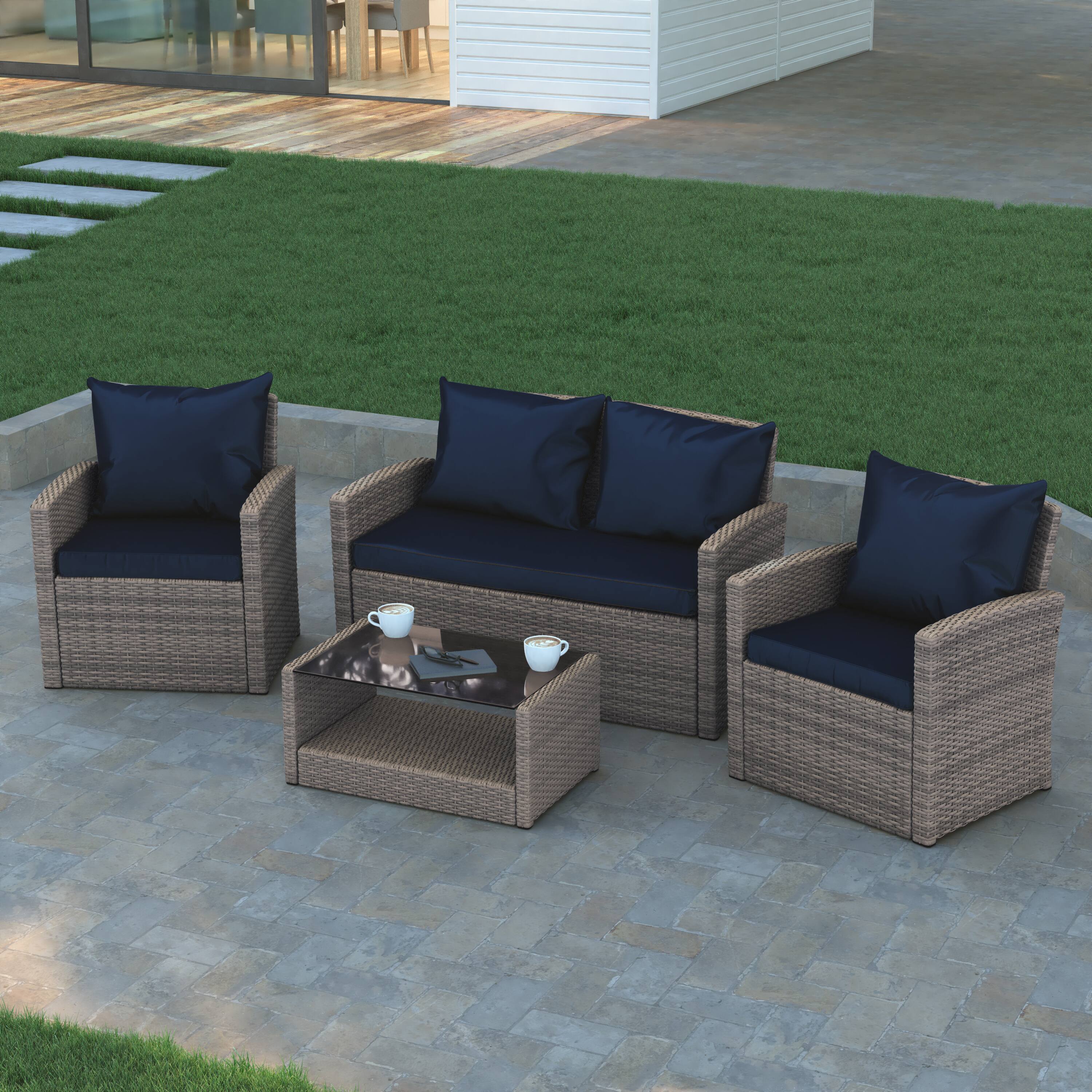 Alt View 3. Emma + Oliver - 4 Piece Patio Set with Gray Back Pillows & Seat Cushions - Outdoor Seating - Navy Cushions/Light Gray Frame.
