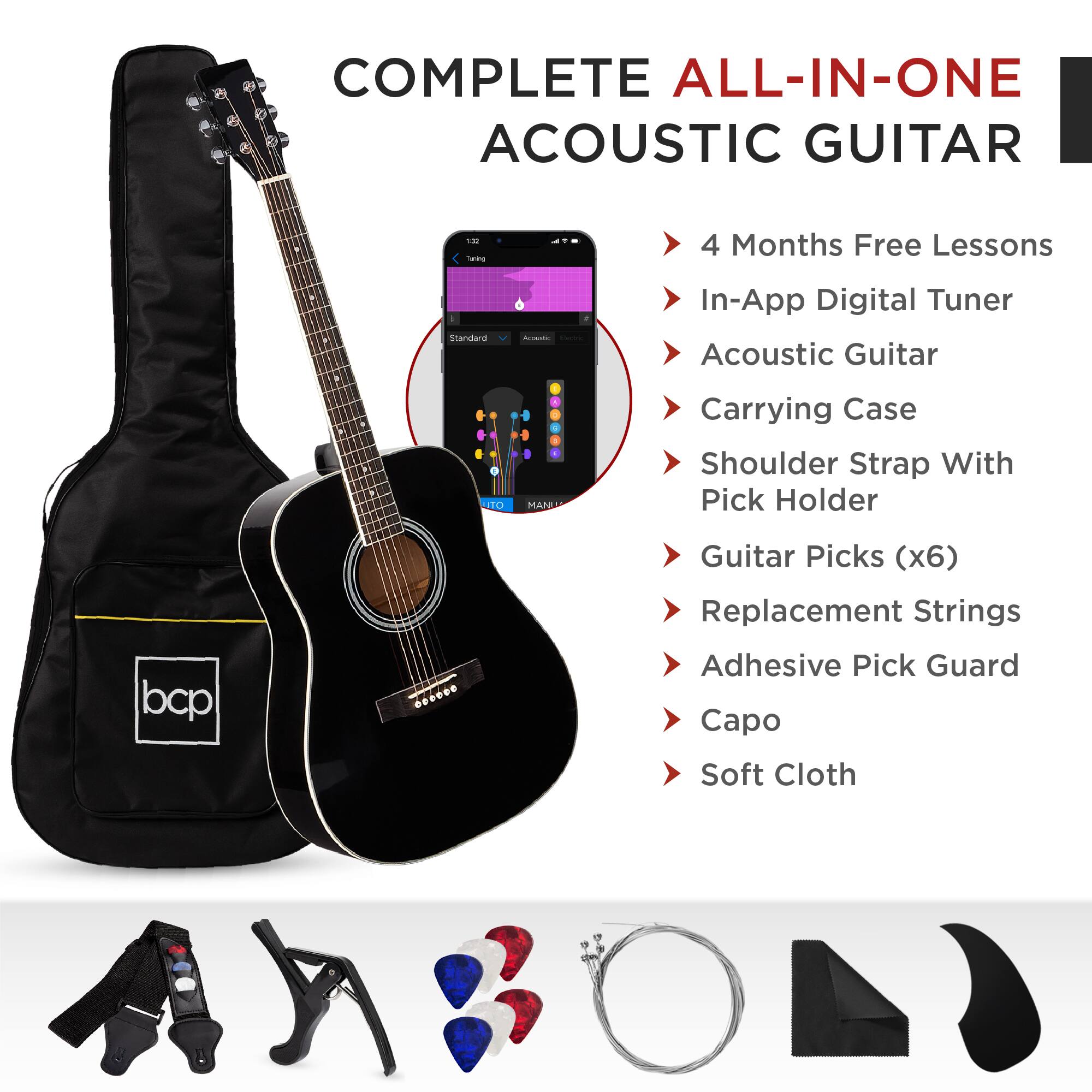 COMPLETE ALL-IN-ONE ACOUSTIC GUITAR

- 4 Months Free Lessons
- In-App Digital Tuner
- Acoustic Guitar
- Carrying Case
- Shoulder Strap With Pick Holder
- Guitar Picks (x6)
- Replacement Strings
- Adhesive Pick Guard
- Capo
- Soft Cloth