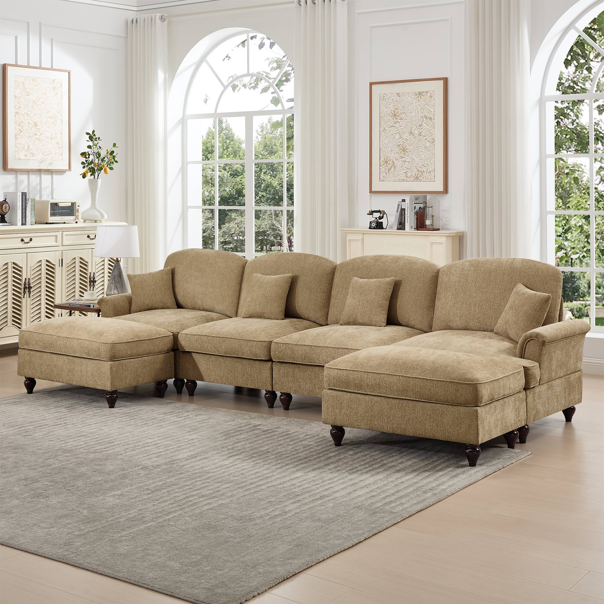 Angle. Anysun - Classic U-Shape Chenille 4-Seat Sectional with Ottomans - Flared Arms, Ruffled Skirt & Spindle Legs, Deep Cloud Seat - Coffee.