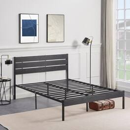 Hivvago - Full size Industrial Platform Bed Frame with Wood Slatted Headboard - Black