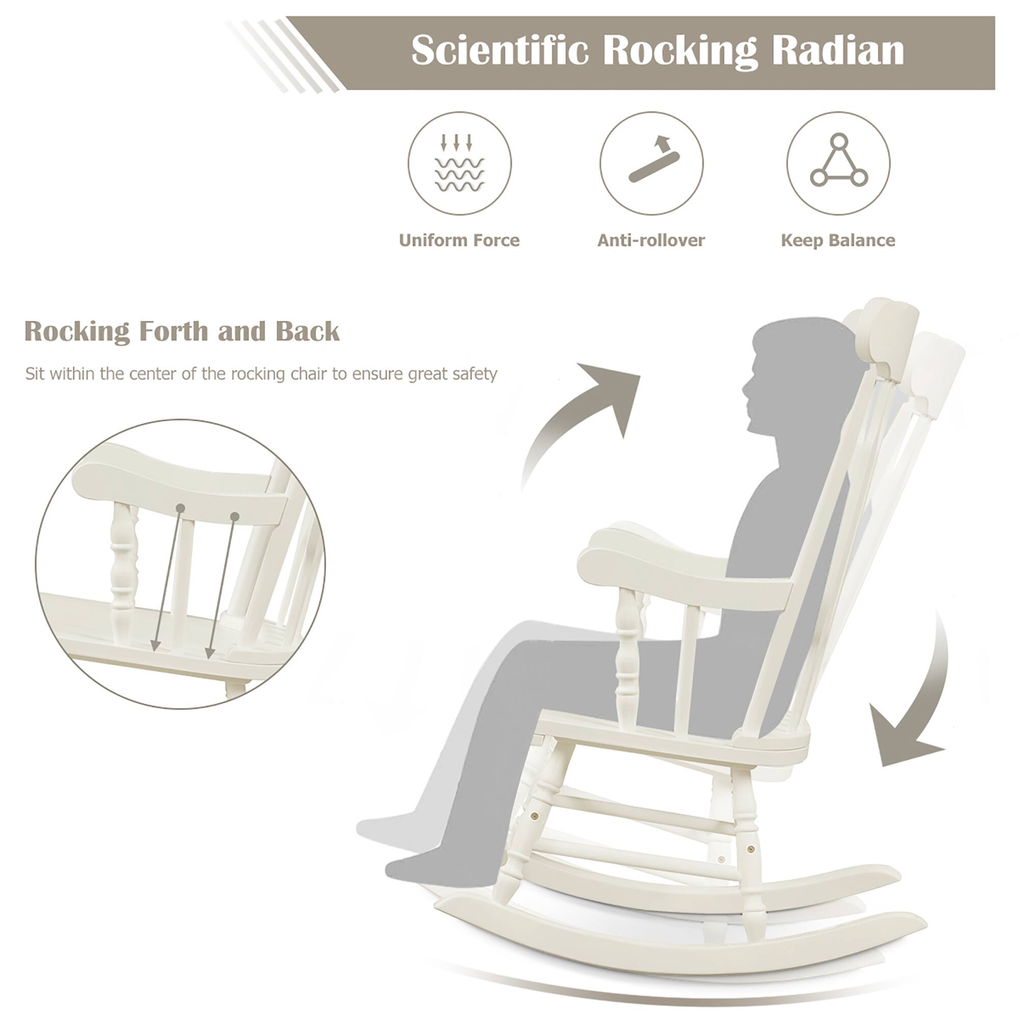 Scientific Rocking Radian

Uniform Force  
Anti-rollover  
Keep Balance  

Rocking Forth and Back  
Sit within the center of the rocking chair to ensure great safety