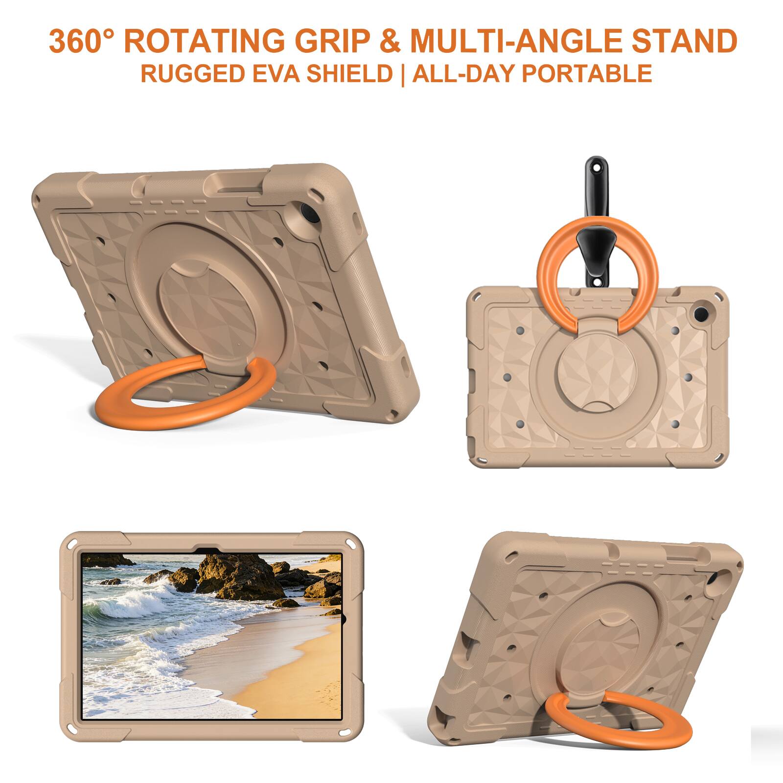 360° ROTATING GRIP & MULTI-ANGLE STAND  
RUGGED EVA SHIELD | ALL-DAY PORTABLE