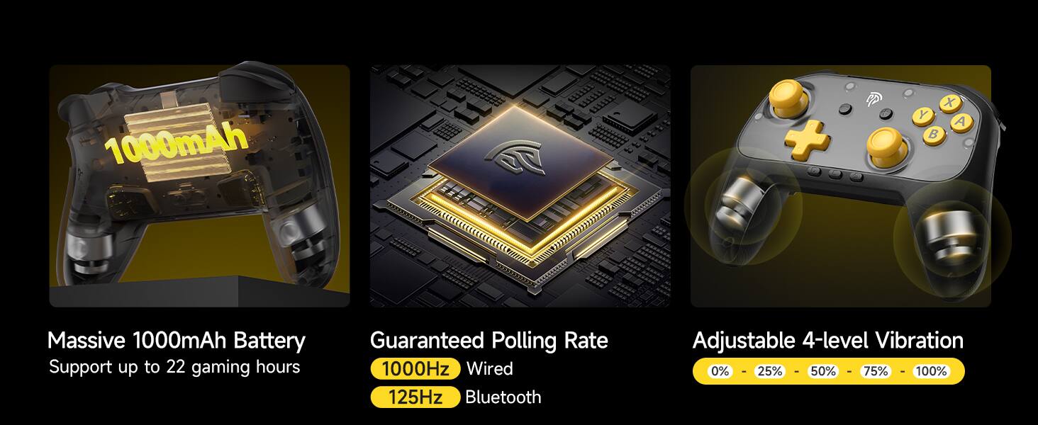 1000mAh "D + + 9 B Massive 1000mAh Battery Support up to 22 gaming hours Guaranteed Polling Rate 1000Hz Wired 125Hz Bluetooth Adjustable 4-level Vibration 0% - 25% - 50% - 75% - 100%"