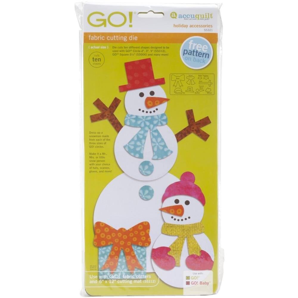 a accuquilt GO! holiday accessories 55321 fabric cutting die actual size Die cuts ten different shapes - Circle-2" (55012) and Square-3" (55006) designed to be used with GO! fabric cutters and 6 x 12" cutting mat (55112). Dress up a snowman made from the ten circles of GO! patterns. Make a Mr. or Mrs. or little snow person with your choice of hats, scarves, gloves, and more. Use with GO! Baby