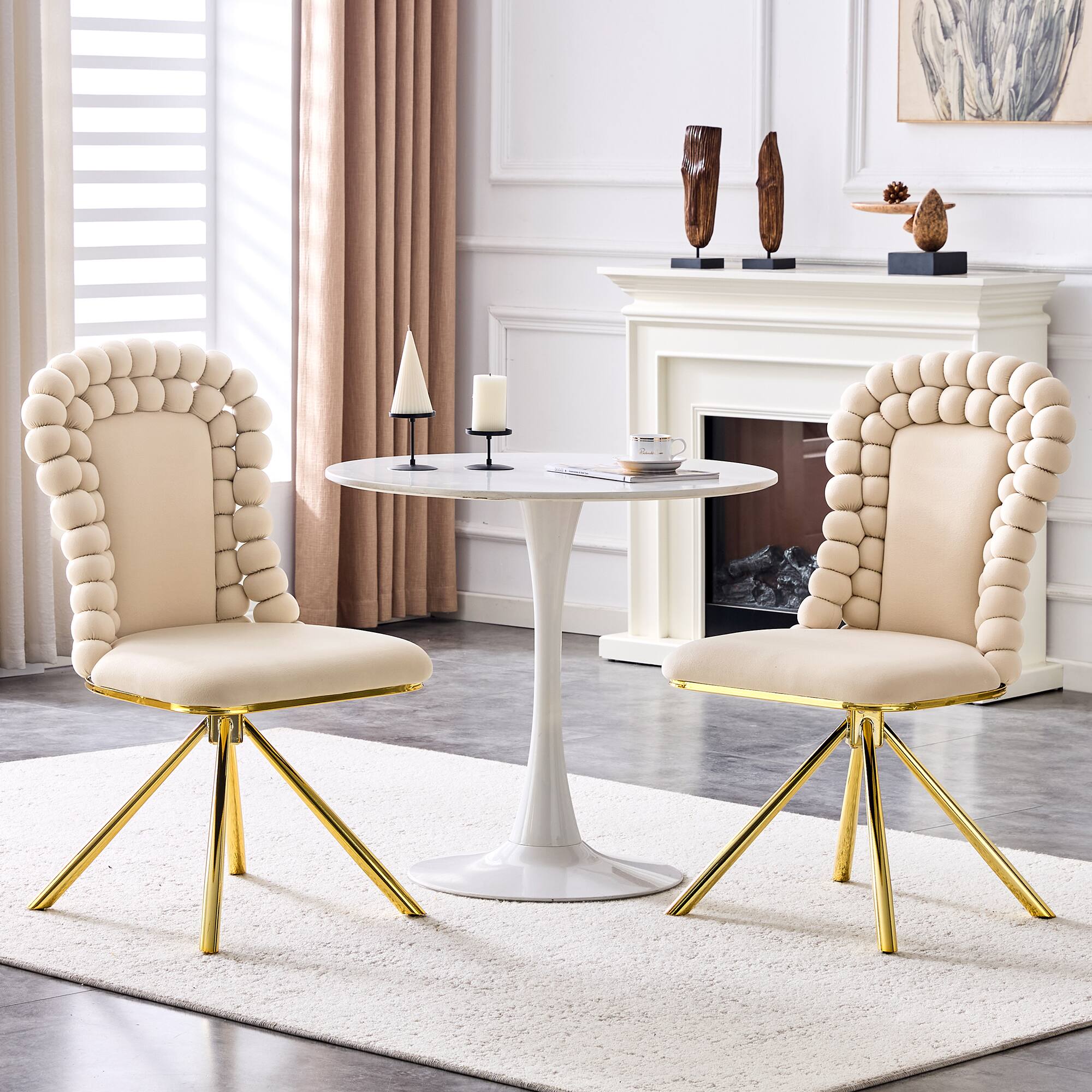 Angle. Loheer - Loheer Beige Velvet Dining Chairs Set of 2, Bubble Accent Chairs with Gold Legs for Dining Room Kitchen, 1.71 ft - Beige,Gold.