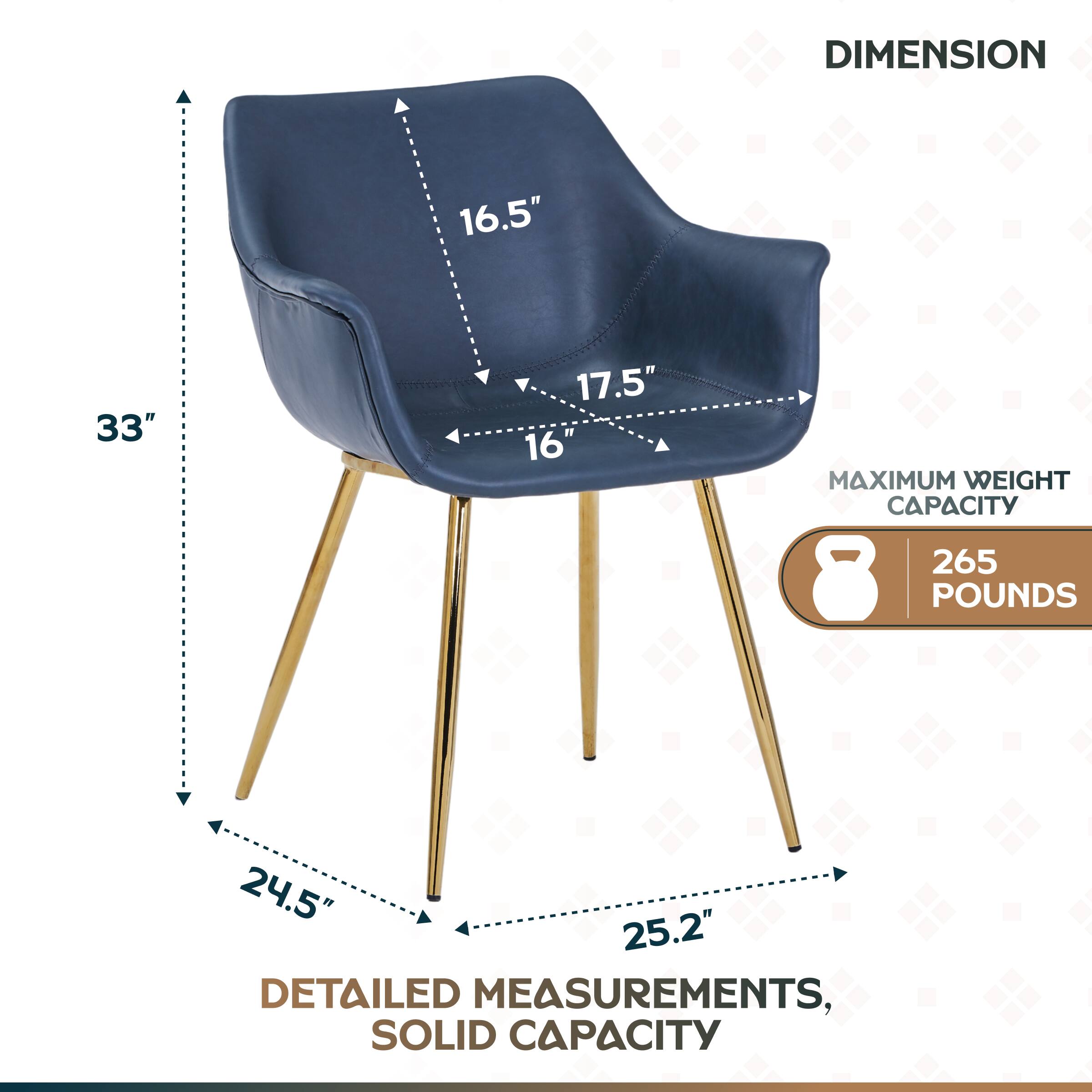DIMENSION  
16.5" 33" 17.5" 16"  
MAXIMUM WEIGHT CAPACITY 265 POUNDS  
24.5" 25.2"  
DETAILED MEASUREMENTS, SOLID CAPACITY