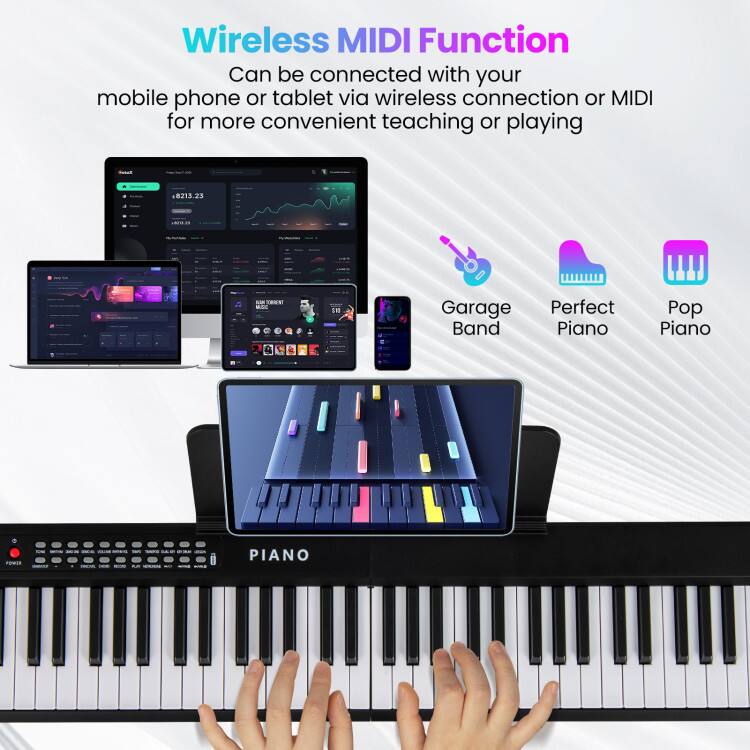 Wireless MIDI Function  
Can be connected with your mobile phone or tablet via wireless connection or MIDI for more convenient teaching or playing  

Garage Band  
Perfect Piano  
Pop Piano  

PIANO