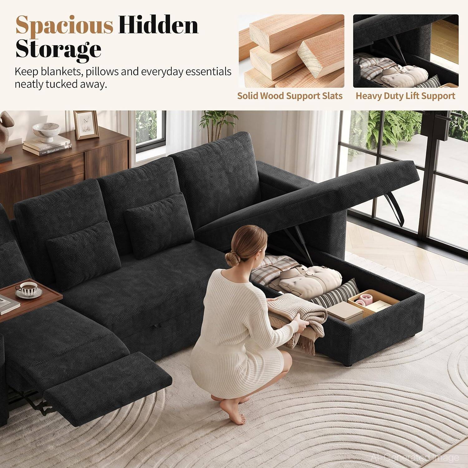 Spacious Hidden Storage  
Keep blankets, pillows and everyday essentials neatly tucked away.  
Solid Wood Support Slats  
Heavy Duty Lift Support