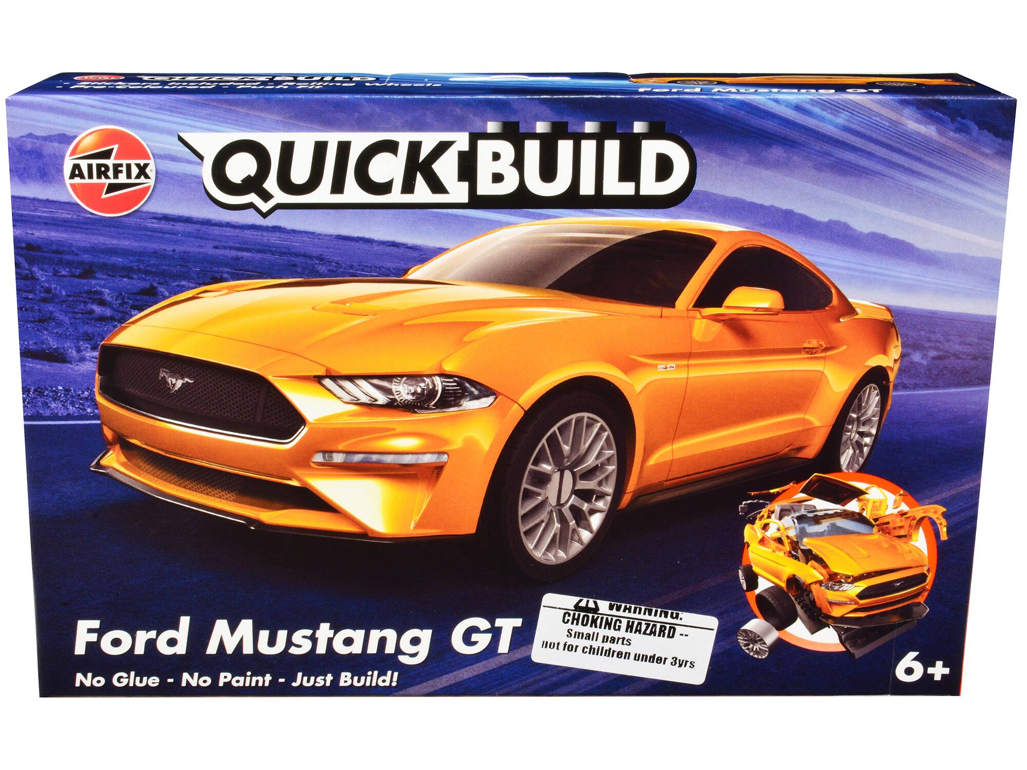Sure, here is the corrected and grouped text from the image:

---

**AIRFIX**

**QUICK BUILD**

**Ford Mustang GT**

**No Glue - No Paint - Just Build!**

**CHOKING HAZARD - Small Parts not for children under 3yrs**

**6+**

---

This text is taken directly from the image and grouped accordingly.