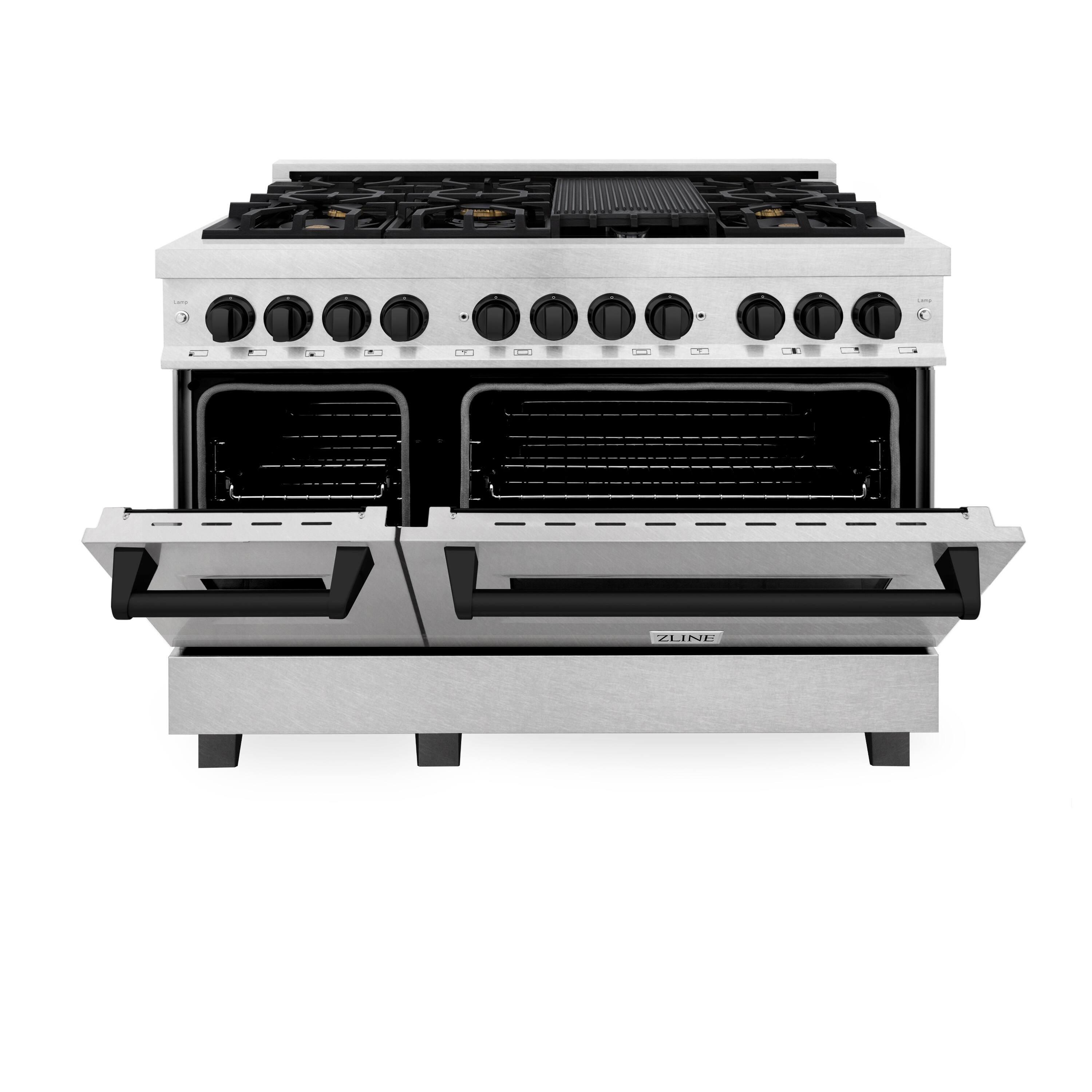 Angle. ZLINE - ZLINE Autograph 48 in. Legacy Dual Fuel Range in Satin Steel & Black Accents (RASZ-SN-48-MB) - Satin Stainless Steel.
