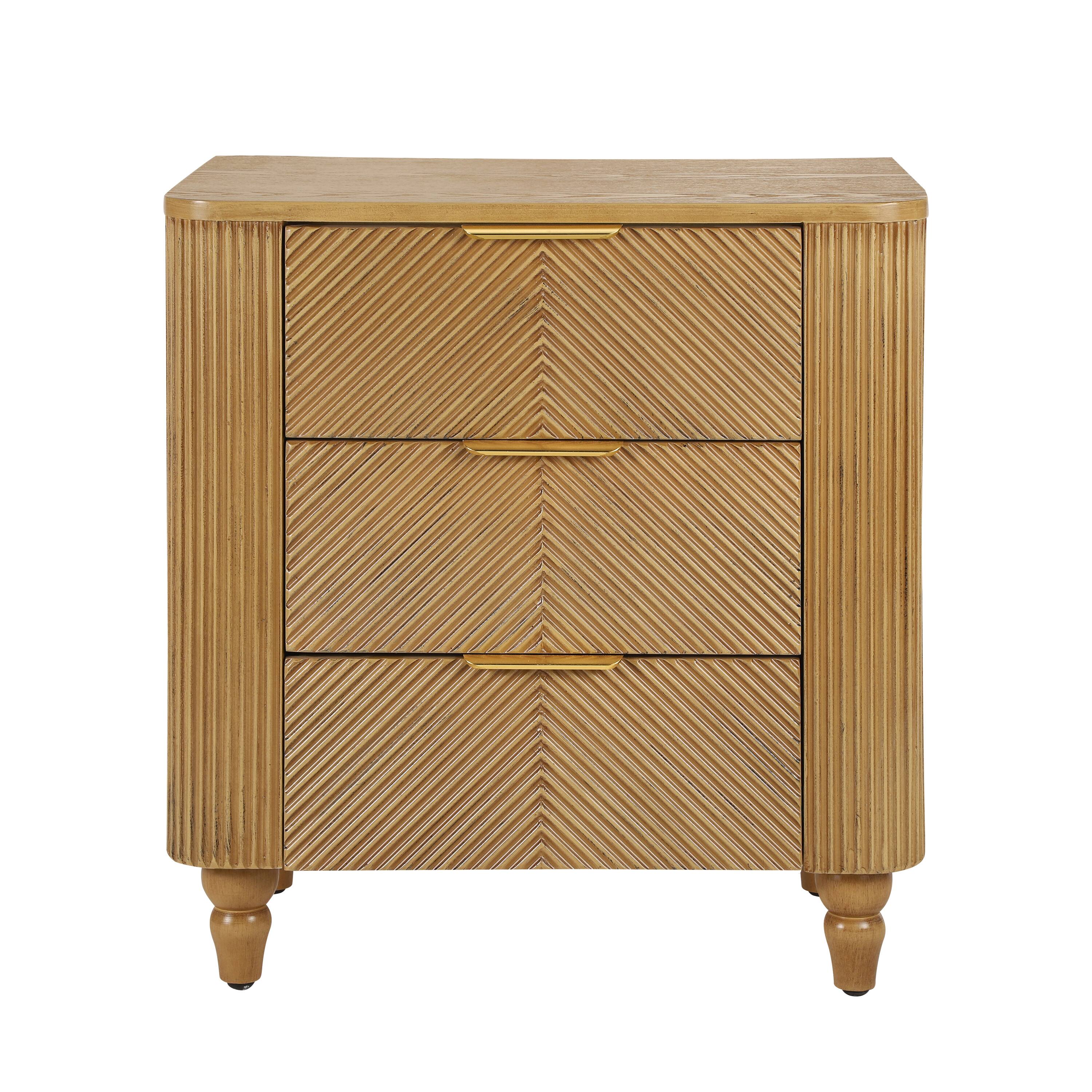 Angle. Whisen - Mid-Century Fluted 3-Drawer Nightstand,Bedside Table with Curved Profile and Gold Glossy Handles - Natural.