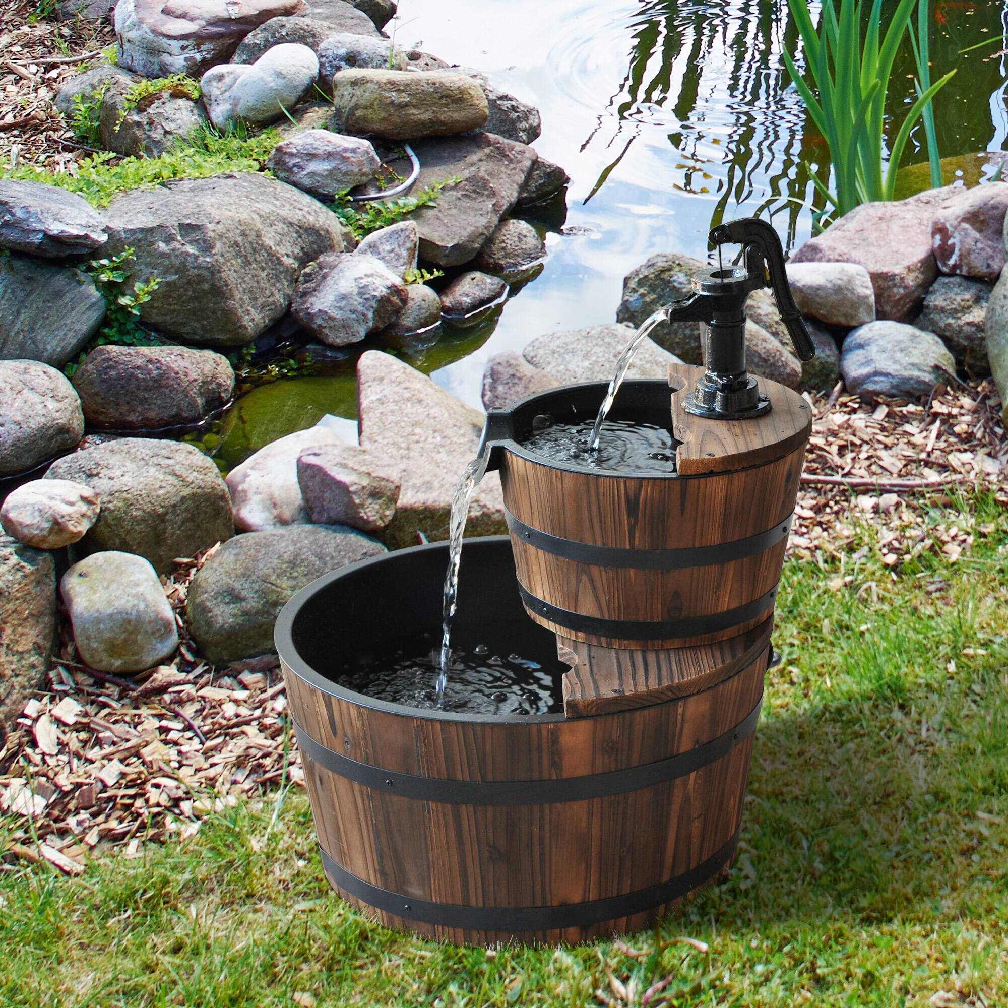 Alt View 1. Outsunny - Freestanding Fountain with 2 Tier Waterfall Barrel, Electric Pump for Garden Decor - carbonized brown.