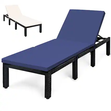 Front. Costway - Patio Rattan Lounge Chair Chaise Recliner Adjust Cushion Cover - Navy/Off white.
