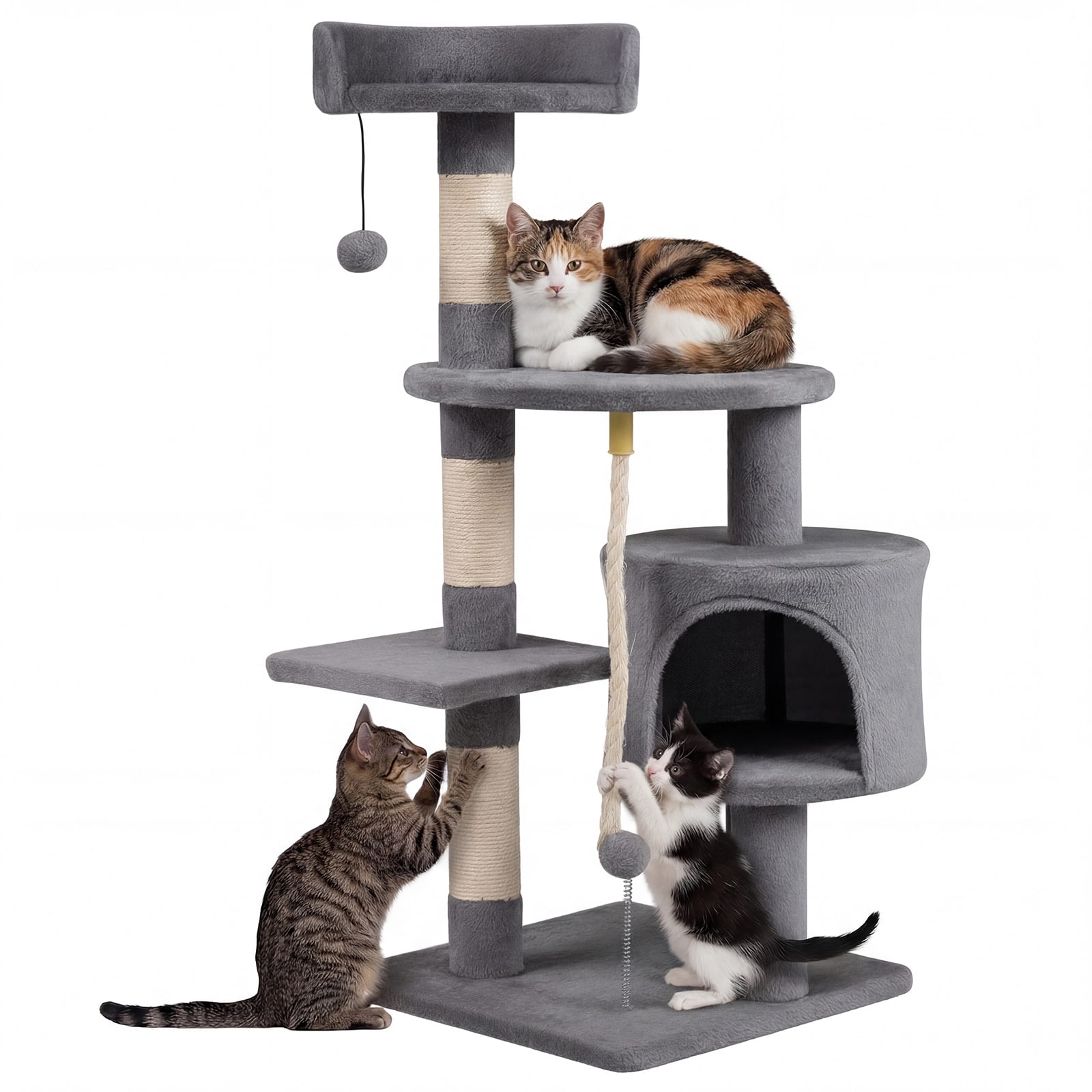 Gymax - Cat Tree 36'' Cat Tower w/CondoTop Perch Sisal Scratching Posts & Hanging Rope Light Gray