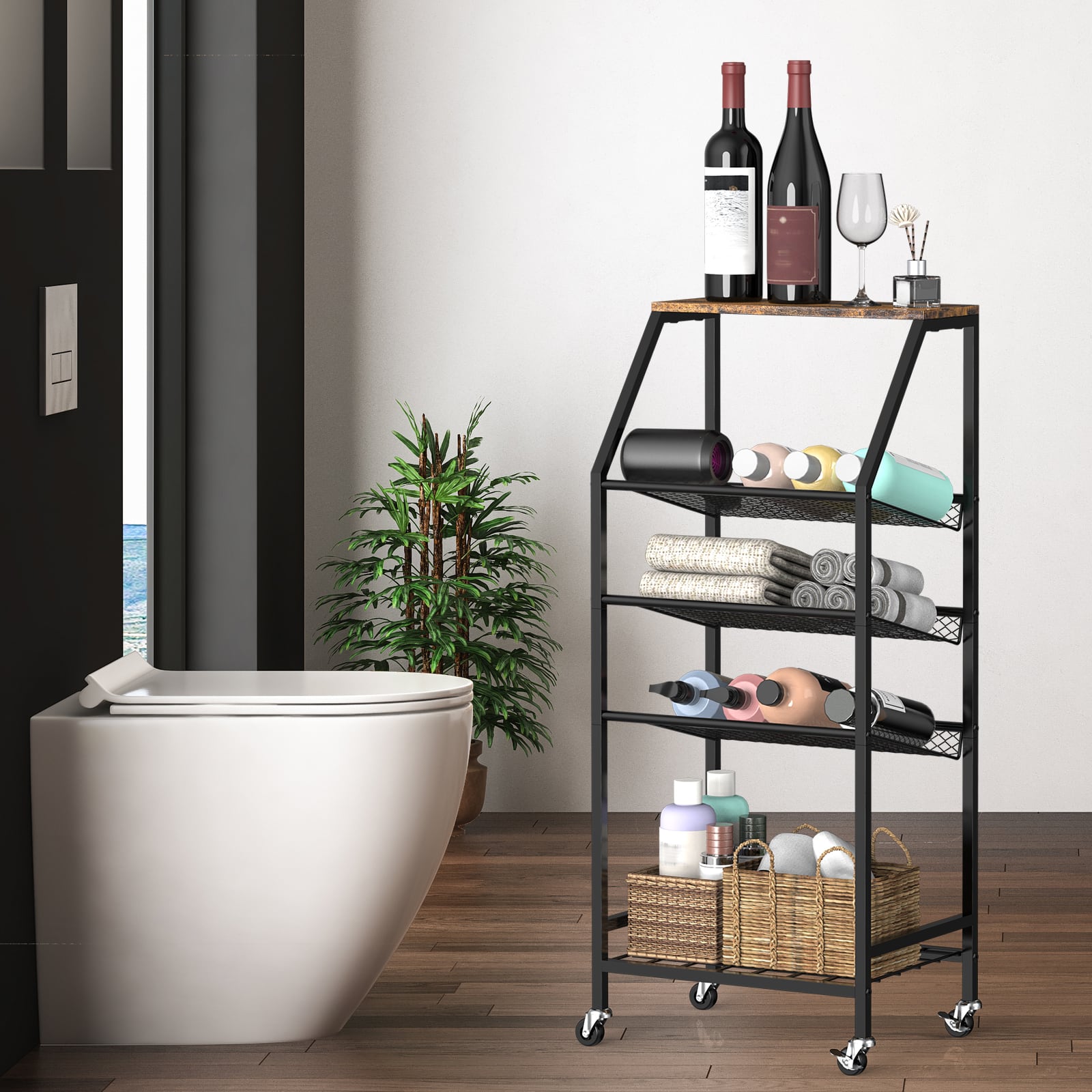 Oumilen - 5-Tier Rolling Bathroom Storage Cart with Black Metal Frame and Wood Top - Brown