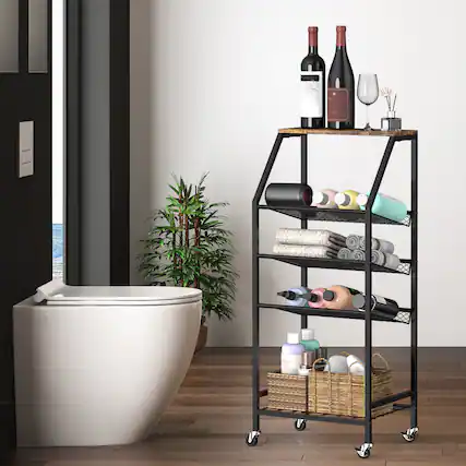 Front. Oumilen - 5-Tier Rolling Bathroom Storage Cart with Black Metal Frame and Wood Top, Brown - Brown.