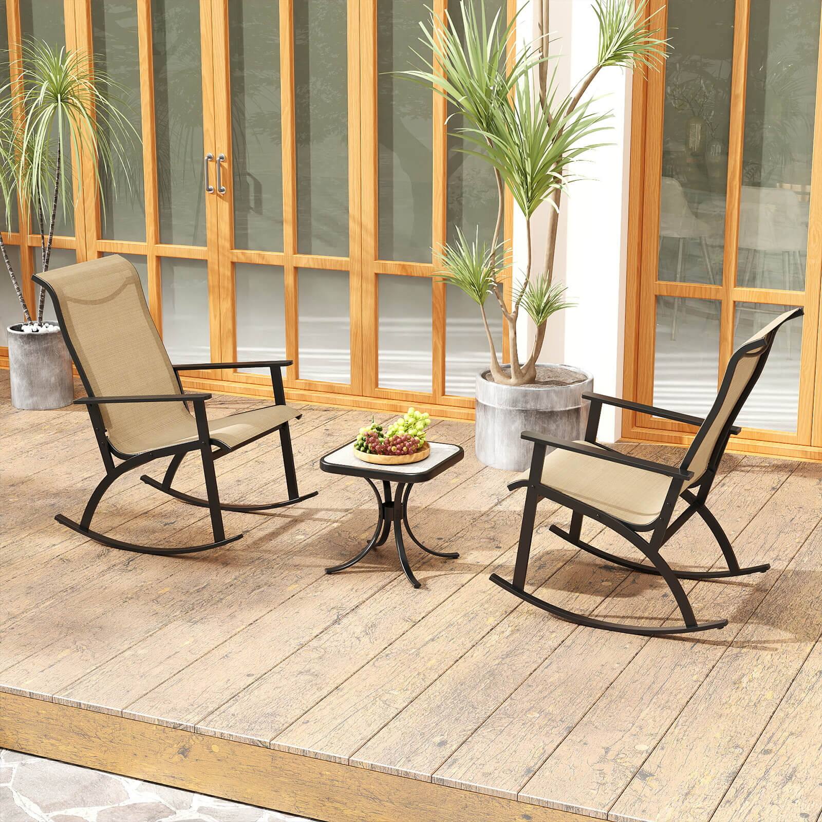 Alt View 3. Costway - Costway 3 PCS Patio Rocker Set with High Backrest & Wood-Plastic Tabletop Coffee Table - Brown.