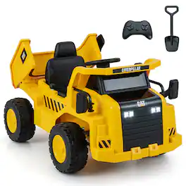 Costway - Kids Ride on Dump Truck with 2.4G Remote Control Working Megaphone Sand Shovel - Yellow