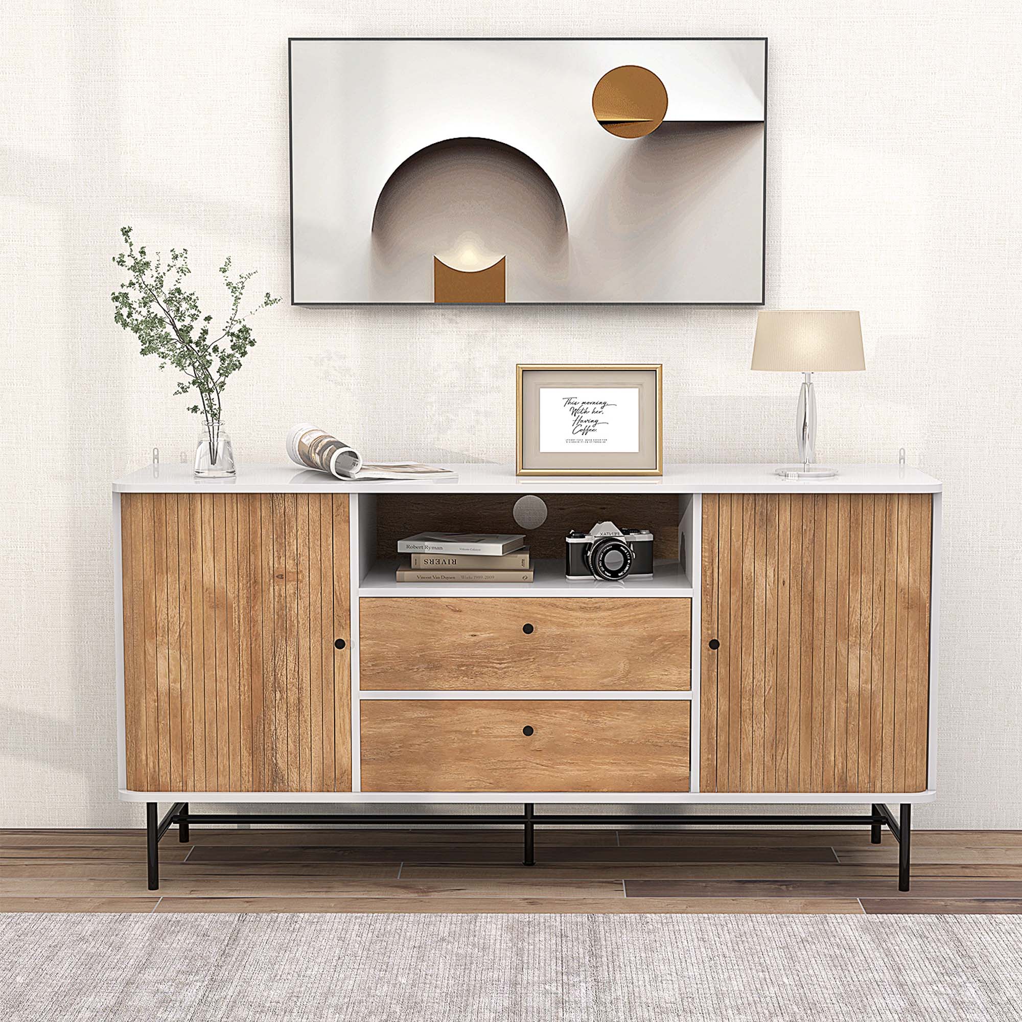 Alt View 2. Costway - Buffet Sideboard Versatile TV Stand with Sliding Tambour Doors & 2 Storage Drawers - White + Oak.