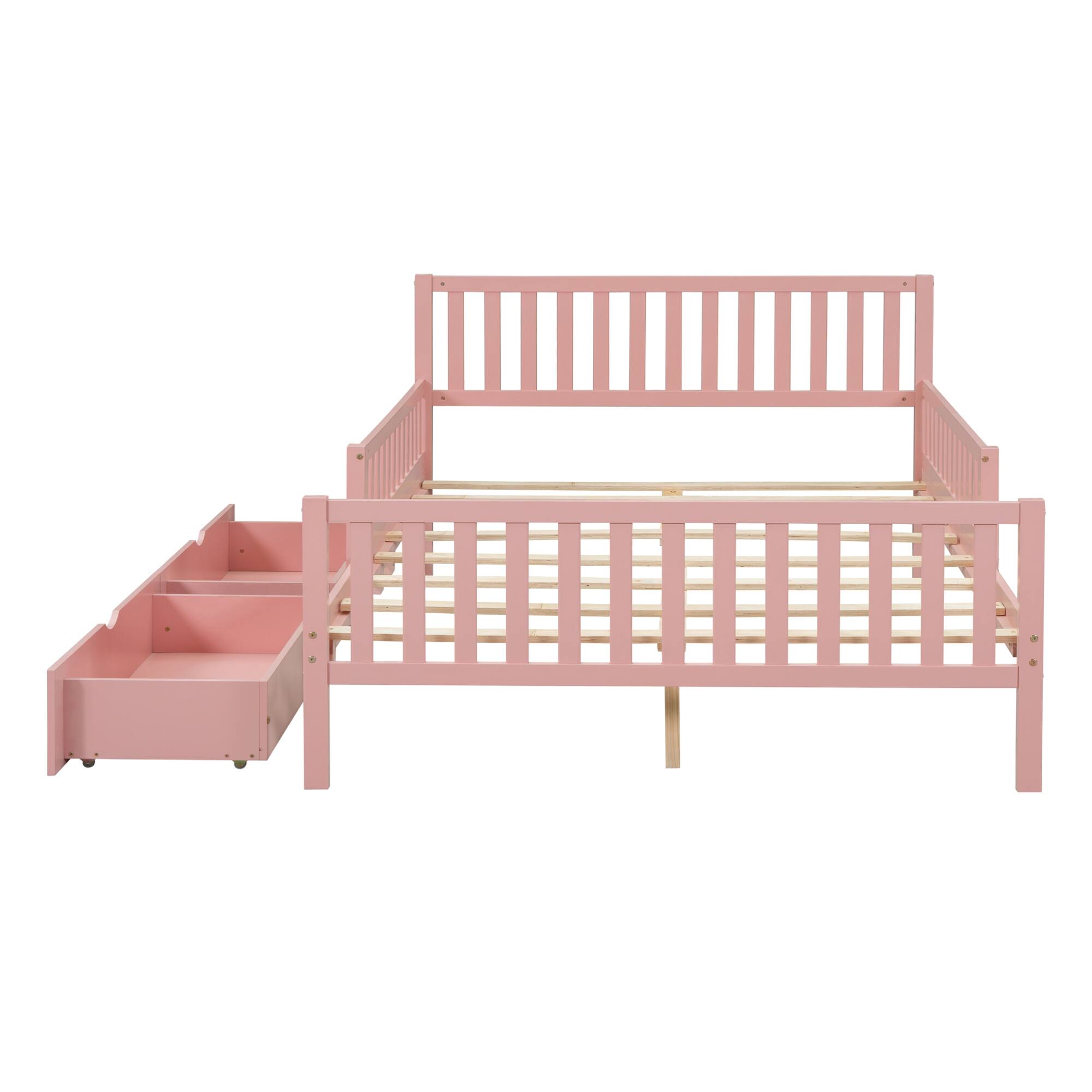 Alt View 2. GOODSILO - Full Size Wood Platform Bed with Guardrails, Storage Drawers, and Minimalist Headboard for Modern Bedrooms - Pink.