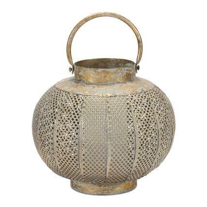 Front. BreeBe - Distressed Punched Metal Lantern 8.5"D - Copper, Green.