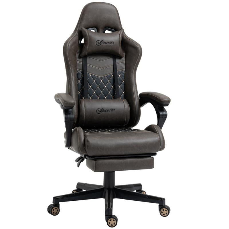 HTUTWOO - High Back PU Leather Gaming Chair - with Lumbar Support & Retractable Footrest,Swivel,for Home Office/Gaming Room - Brown