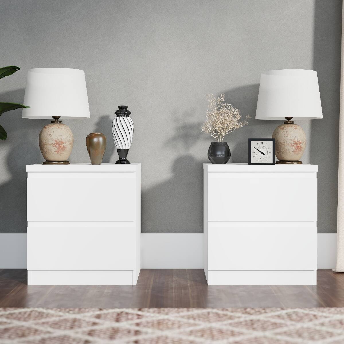 Alt View 10. Loheer - Loheer White Nightstand with 2 Drawers, Handle-Free Design, Compact Bedroom Bedside Table - White.