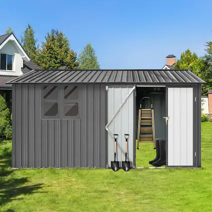 Front. Anysun - 12x10ft Metal Garden Shed with Window & Hinged Door, Heavy-Duty Outdoor Storage with Vents for Backyard - Grey.