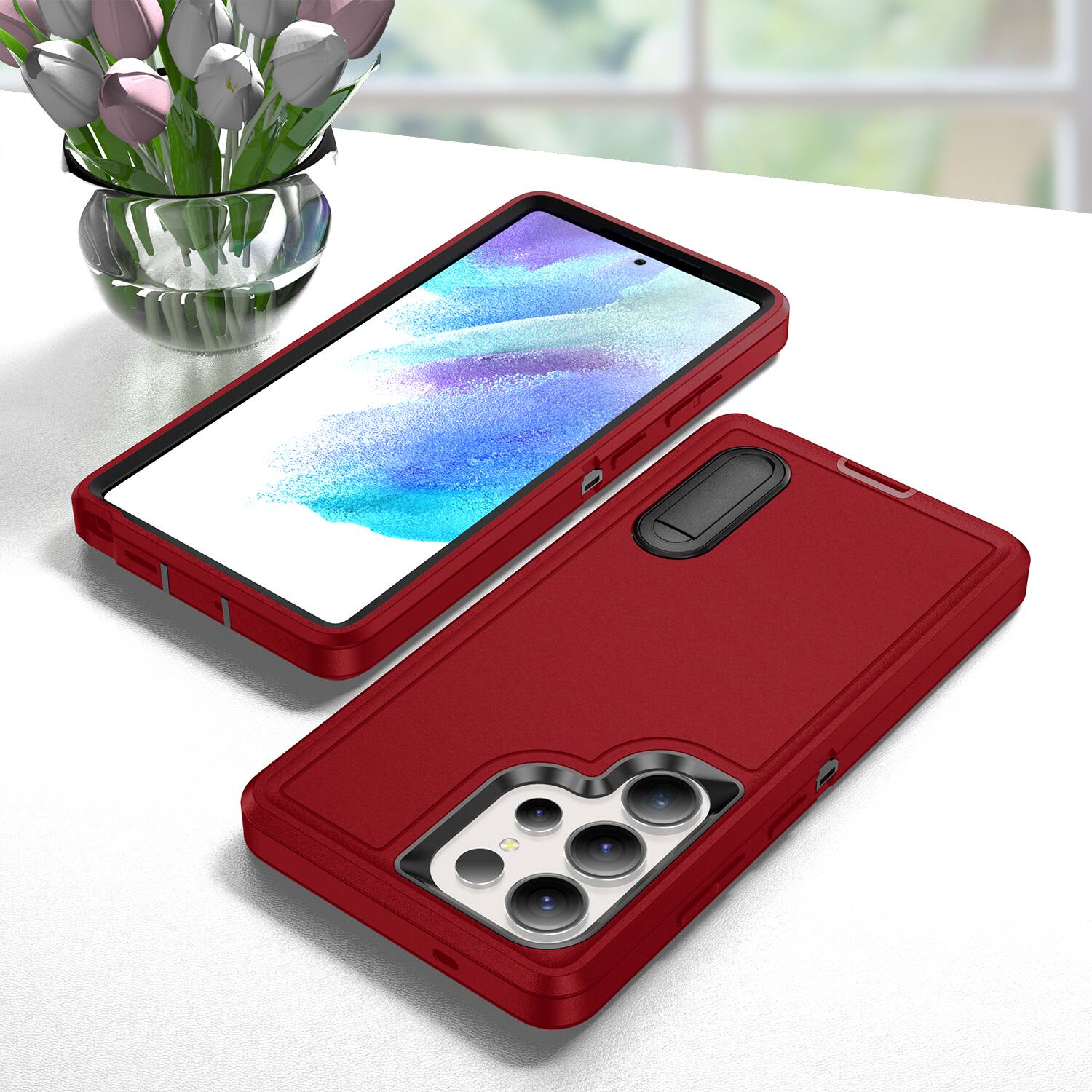 Alt View 3. Dteck - Heavy Duty Case for Samsung Galaxy S25 Ultra w/ Foldable Kickstand,Dual-Layer Shockproof Hard PC Soft Silicone Cover - Red/Black.