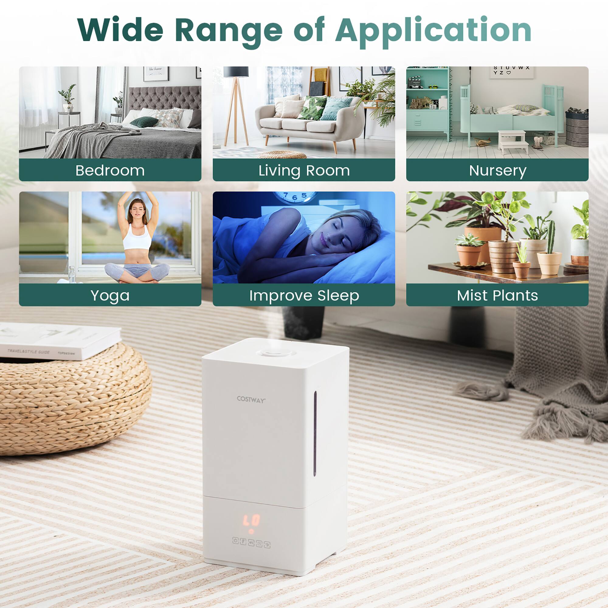 Wide Range of Application:

* Bedroom
* Living Room
* Nursery
* Yoga
* Improve Sleep
* Mist Plants

The text on the image is grouped and corrected as shown above.