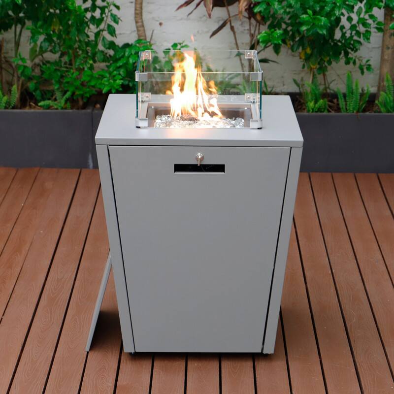 Left. LeisureMod - Chelsea Outdoor Aluminum Square Fire Pit Table with Glass Wind Guard for Patio, Deck and Backyard - Grey.