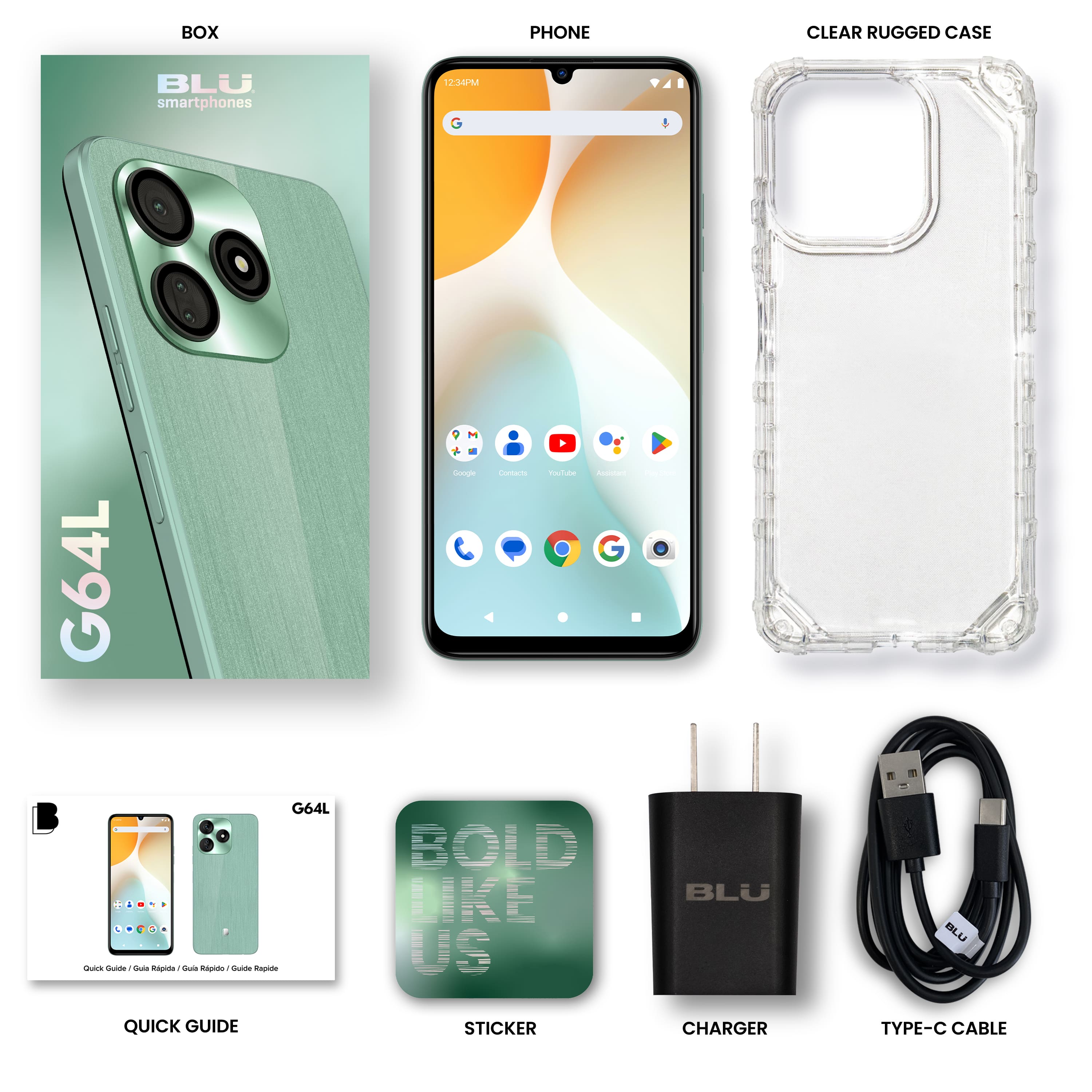 The image features a collection of accessories for the BLU G64L smartphone. The items include a clear rugged case, a charger, a Type-C cable, and a quick guide sticker. The accessories are displayed in a visually appealing manner, with the phone case and charger placed in the foreground and the other items arranged in the background. The image effectively showcases the various options available for the BLU G64L smartphone, making it an attractive and informative display.