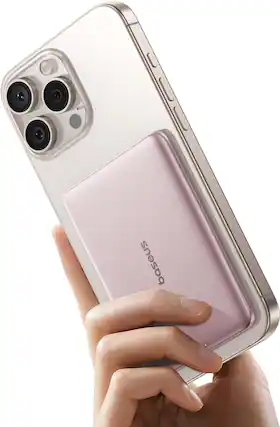Front. Baseus - Baseus Picogo 5000mAh Ultra-Slim MagSafe Power Bank, Card-Size Wireless Charger with USB-C Braided Cable, Pink - Pink.