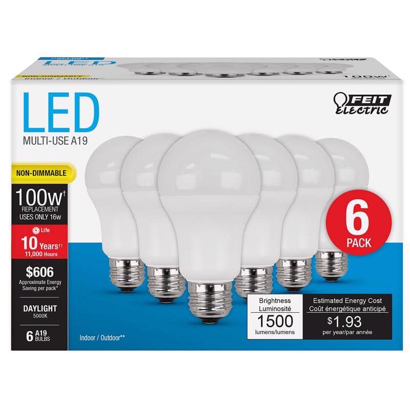 FEIT ELECTRIC - A19 E26 (Medium) LED Bulb Daylight 100 Watt Equivalence 6 pk