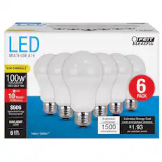 LED MULTI-USE A19
NON-DIMMABLE
100w* REPLACEMENT USES ONLY 16w
Life 10 Years 11,000 Hours
$606 Approximate Energy Saving per pack
6 PACK
DAYLIGHT 5000K
6 A19 BULBS
Indoor / Outdoor**
Brightness 1500 lumens/lumens
Estimated Energy Cost $1.93 per year/par année
Luminosité
Cout énergétique anticipé