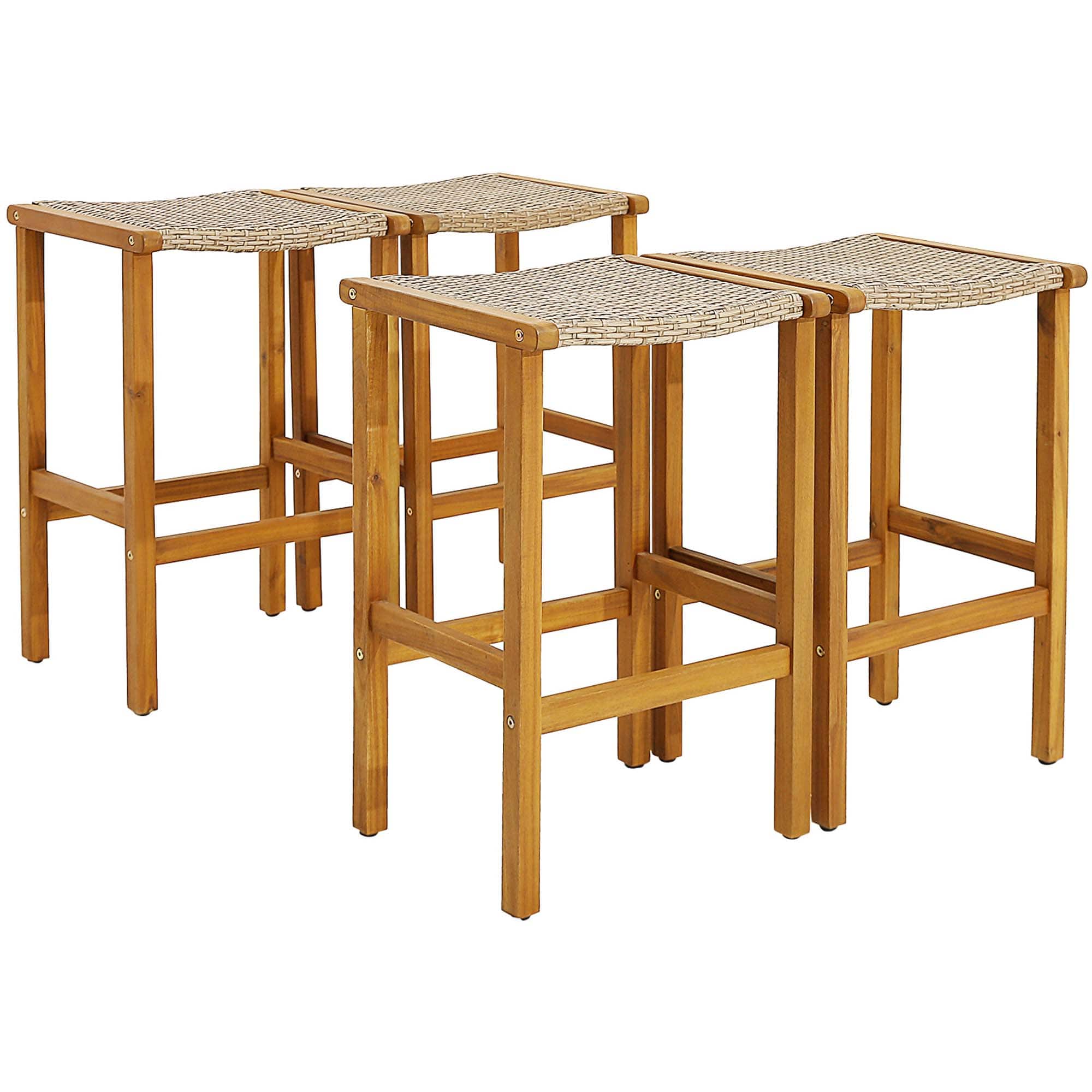 Costway - 4PCS Patio PE Wicker Bar Stools with Acacia Wood Frame Bar Height Chairs Poolside - Light Brown,Teak