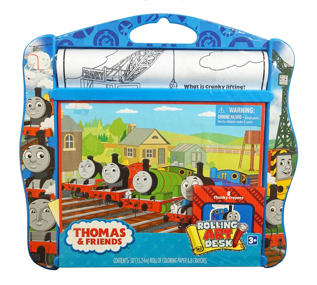 **What is cranky lifting?**
**WARNING: CHOKING HAZARD**
Small parts. Not for children under 3 years.
**THOMAS & FRIENDS**
ROLLING ART DESK
3+
**CONTENTS:**
50' (15.24m) ROLL OF COLORING PAPER & 8 CHUNKY CRAYONS.