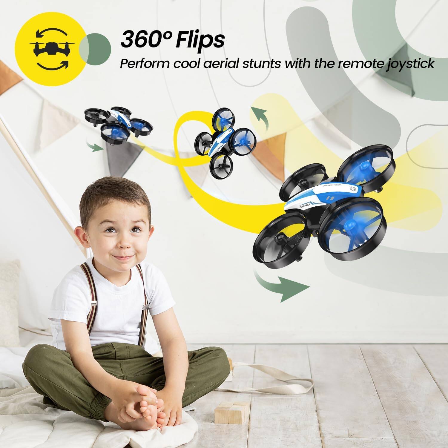 360° Flips  
Perform cool aerial stunts with the remote joystick