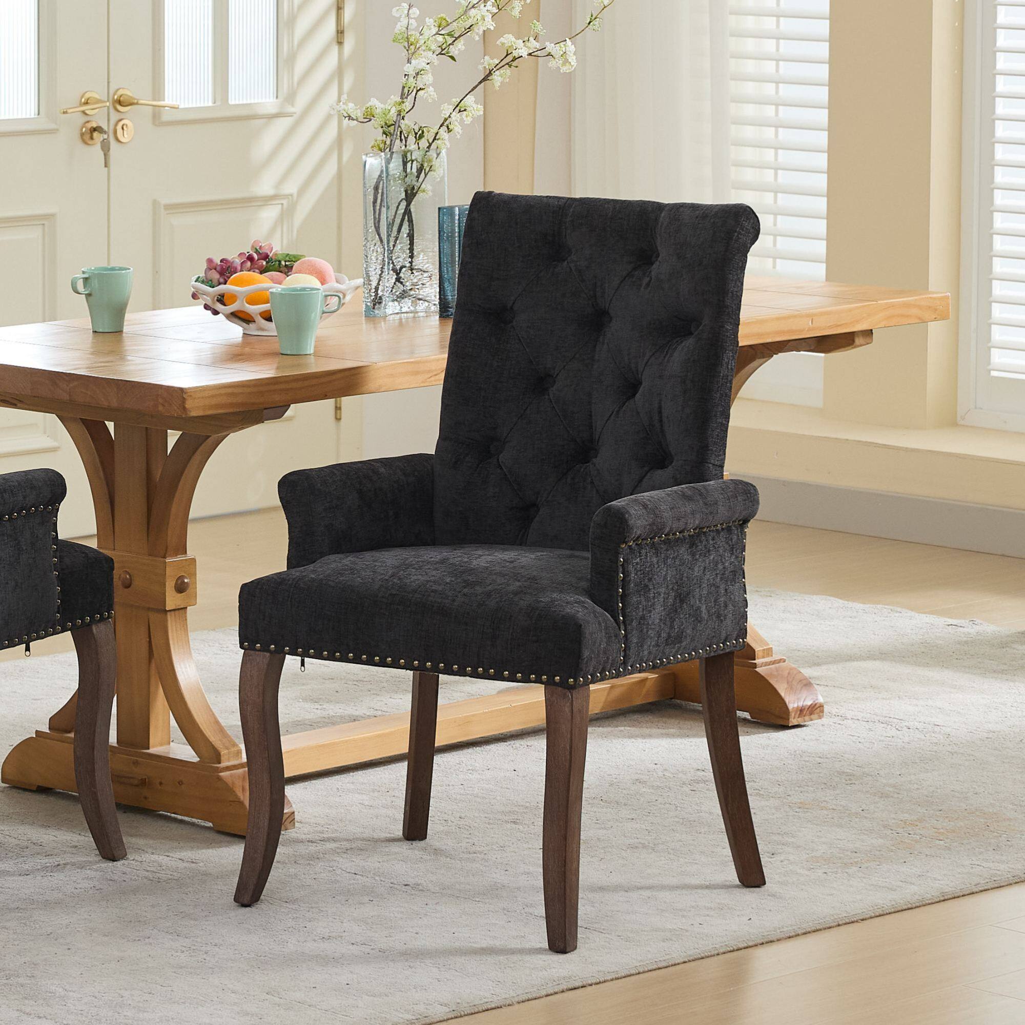 Angle. GOODSILO - Upholstered Tufted Accent Dining Chair with Curved Wood Legs and Chenille Fabric in Neutral Beige - Black.