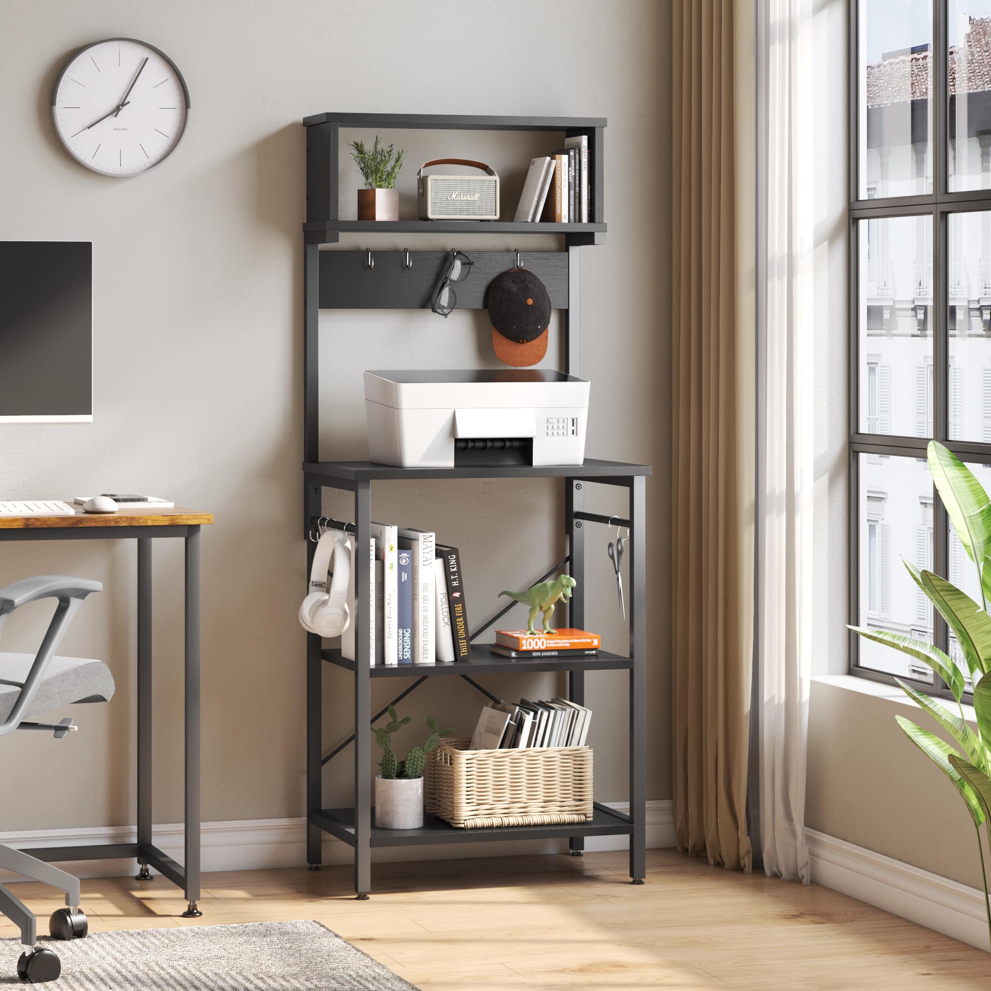 The image features a room with a desk, a chair, and a bookshelf. The bookshelf is filled with books, and there is a clock on the wall. The desk has a computer monitor and keyboard, and there is a potted plant nearby. The room also has a window, providing natural light. The overall atmosphere of the room is organized and functional, with a focus on work and study.